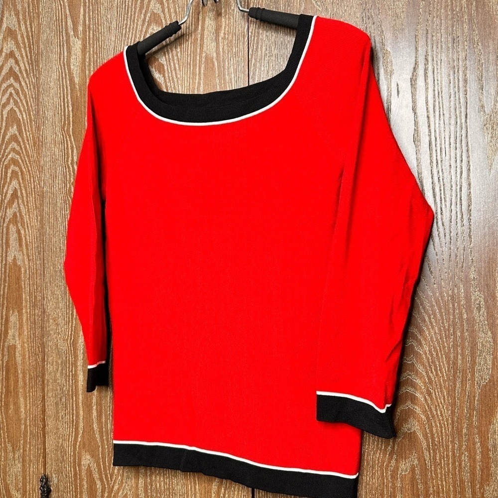 Sonia Red Top Black Trim Long Sleeve Knit Sweater Women's Size L Casual Stretch - Picture 2 of 7